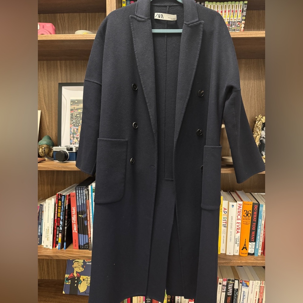 Women Dark Blue Double-Breasted Coat